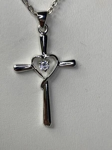 "Collar de circonita cúbica corazón cruz tono plata 18,5"" longitud" - Imagen 1 de 15