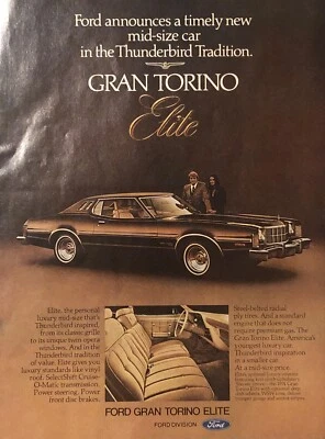 1974 Ford Grand Torino Elite ПЕЧАТНАЯ РЕКЛАМА Thunderbird Вдохновленный Среднего Размера Автомобиль ВИНТАЖНЫЙ 70-е - Изображение 1 из 4