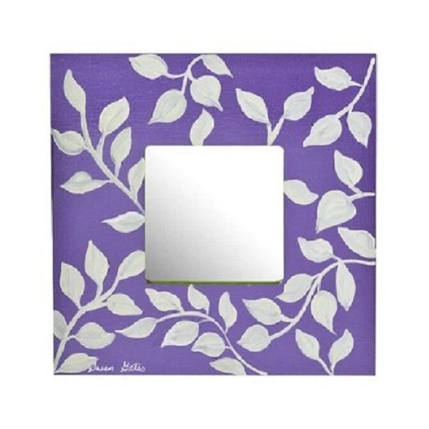 NEW PURPLE WOOD MIRROR WITH WHITE LEAVES 12" x 12" NEW IN BOX DELUXE & HEAVY Cover
