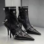 Women Stiletto High Heel Knee High Boots Rivet Side Zipper Tassels Party Shoes