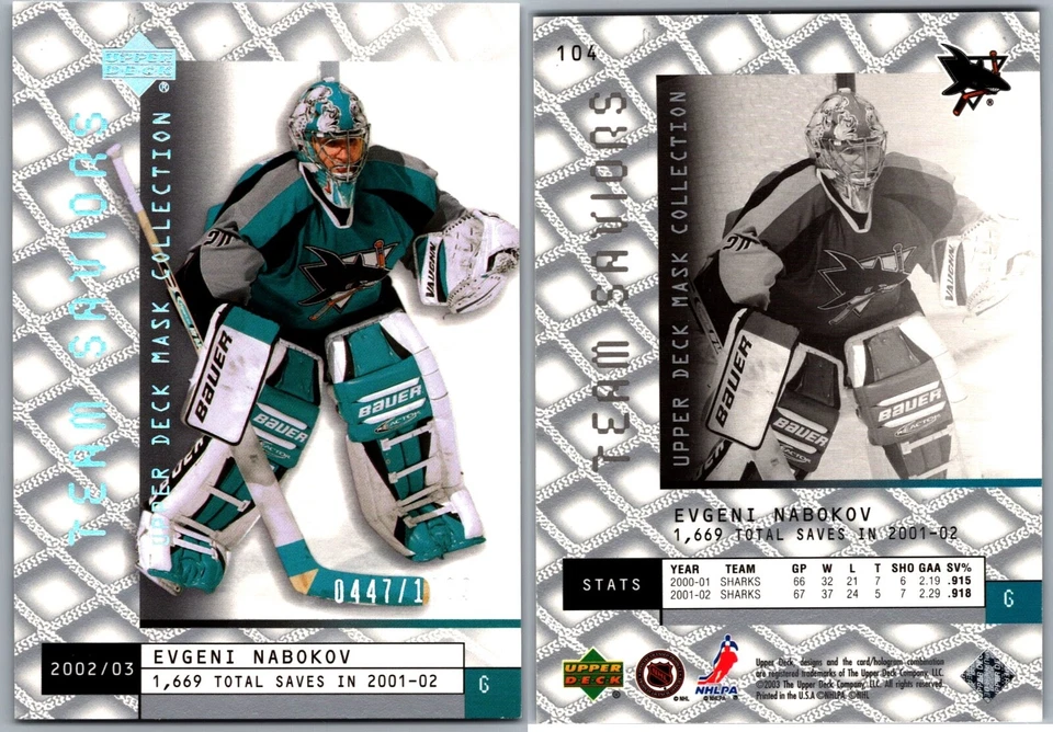 02-03 UD MASK COLLECTION TRAM SAVIORS - EVGENI NABOKOV /1699 #104 SHARKS - Image 1 of 1