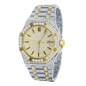 Men's Full Steel Baguette 2 Tone Yellow Gold Finish Simulated Diamond 42mm Watch - Picture 1 of 6