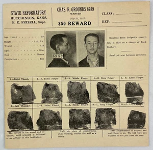 Vintage Wanted Poster, 1927, Chas. R. Grounds, Escaped Prisoner, Kansas Reform. - Picture 1 of 2