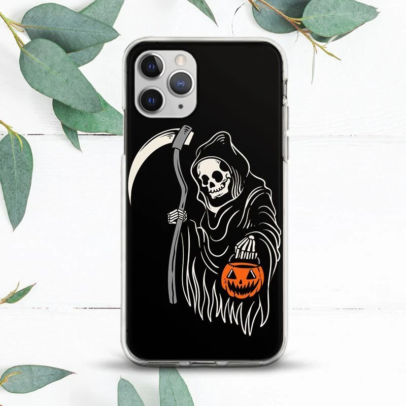 万圣节死亡橙色南瓜保护壳 适用于 iPhone 8 X SE 11 12 13 14 15 Pro Max XR — 第 1/1 张图片