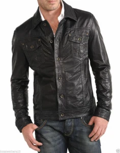 Nueva camisa negra de cuero para motociclista para hombre. Camisa con cuello de piel de oveja suave real. - Imagen 1 de 3