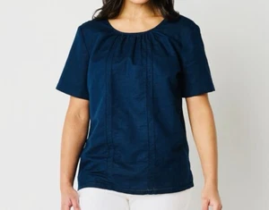 Liz Claiborne Sz XS Navy Linen Blend Popover S/Sleeve Top - Picture 1 of 4