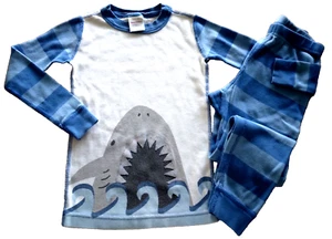 Hanna Andersson PJ set, 5y "Shark" blue on blue stripes, 100%Organic cotton - Picture 1 of 3