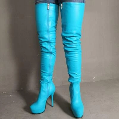 Botas hasta el muslo Zapatos de tacón de aguja para mujer Zapatos por encima de la rodilla Punta redonda Cremallera Foto 1 de 4