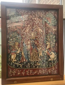 Vintage Die Dame und das Einhorn Nadelspitze Wandteppich Kunst gerahmt - Bild 1 von 10