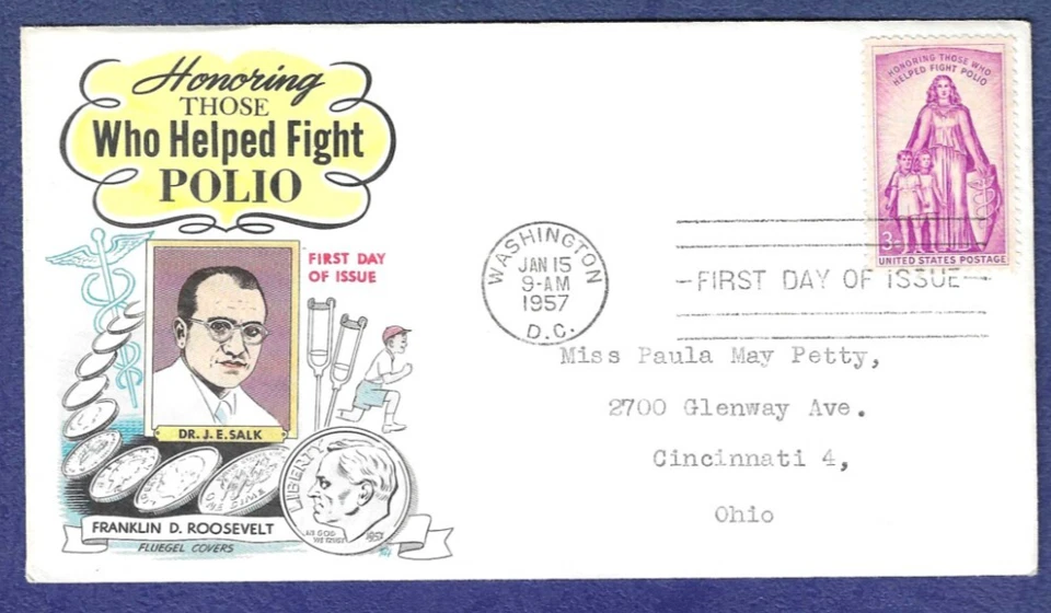 1957 FDC 3c Polio issue #1087 Fluegel cachet - Image 1 of 1