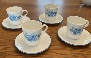 Vintage CORELLE Blue Velvet Blue Roses Coffee Cup & Saucers Mug Set Of 4 Nice! - Picture 1 of 6