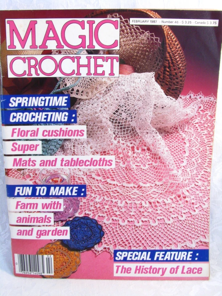 Magic Crochet Magazine No. 46 Feb 1987 Doilies Baby Pillows Spring Patterns - Image 1 of 4