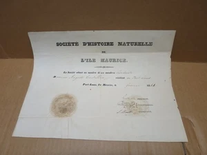 SOCIETE D'HISTOIRE NATURELLE DE L'ILE MAURICE admission 1841 MAURITIUS signature - Picture 1 of 4
