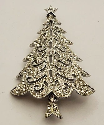 Spilla Vintage In Argento Con Strass Trasparenti A Forma Di ALBERO DI NATALE - Immagine 1 di 3