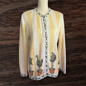 Quacker Factory Butter Yellow Embroidered Character Topiaries Cardigan. SZ S. - Picture 1 of 6