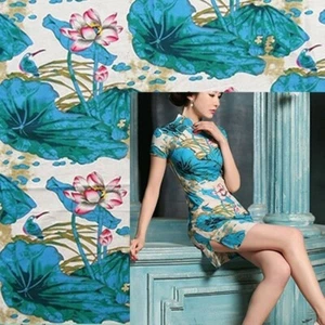 Cotton Linen Fabric Lotus Printed Retro National Cloths DIY Material Decor Qipao - Picture 1 of 19