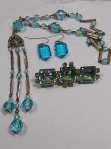 ANTIQUE FILIGREE ART DECO BLUE FACETED GLASS BEAD LARIAT NECKLACE, EARRINGS, PIN - Picture 1 of 11