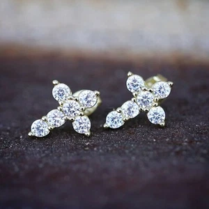 0.90 CT Round Cut Simulated Diamond Cross Stud Earring 14k Yellow Gold Plated - Picture 1 of 4