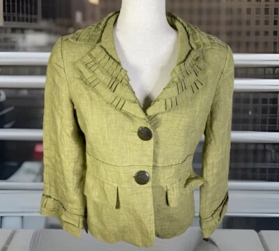 Cynthia Steffe Women’s Size 4 OLIVE 100% LINEN Ruffle Blazer Jacket Button Front - Image 1 of 4