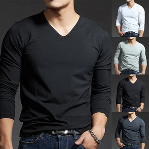 Herren Langarm Slim Fit V-Ausschnitt Muskel Tee Unterhemd Tops (80 Figuren) - Picture 1 of 20