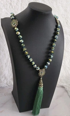 Heidi Daus Peacock Glass Beaded Tassel Necklace AB Crystal Floral Statement Gold - Image 1 of 4