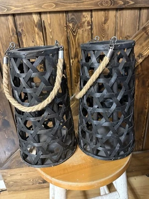 "Комплект из 2 черных деревенских бамбуковых плетеных подсвечников фонарей ""12 с веревочными ручками""" - Изображение 1 из 4