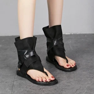 Sandalias planas informales con punta de clip para mujer con hebilla de cuero club romano informales botas al tobillo - Imagen 1 de 10