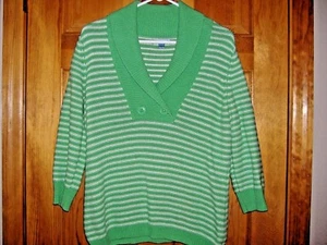 "IZOD" Ladies Scarf Neck Sweater MINT GREEN And White Striped LARGE -3/4 SLEEVES - Picture 1 of 3