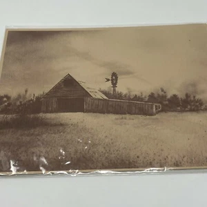  Imagen enmarañada molino de viento impresión artística de granero rural rústico foto sepia 12X9" - Imagen 1 de 5