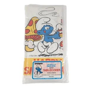 Vintage Unique SMURF Paper Tablecloth 1982 Birthday party IN. x 88 IN. - Picture 1 of 3