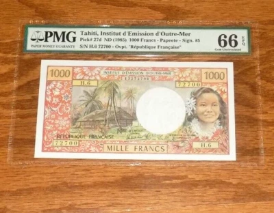 TAHITI 1985 1000 1,000 Francs Papeete PICK# 27d GEM UNCIRCULATED PMG 66 EPQ - Image 1 of 4
