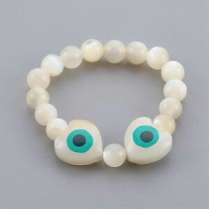 Shell Beads Stretch Finger Ring with Heart shaped Evil Eye Size 12