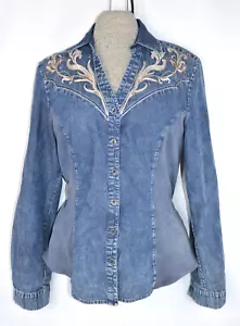 REBA Embroidered Denim Shirt Boho Western Rodeo Western Small Stretch Panels - Picture 1 of 4
