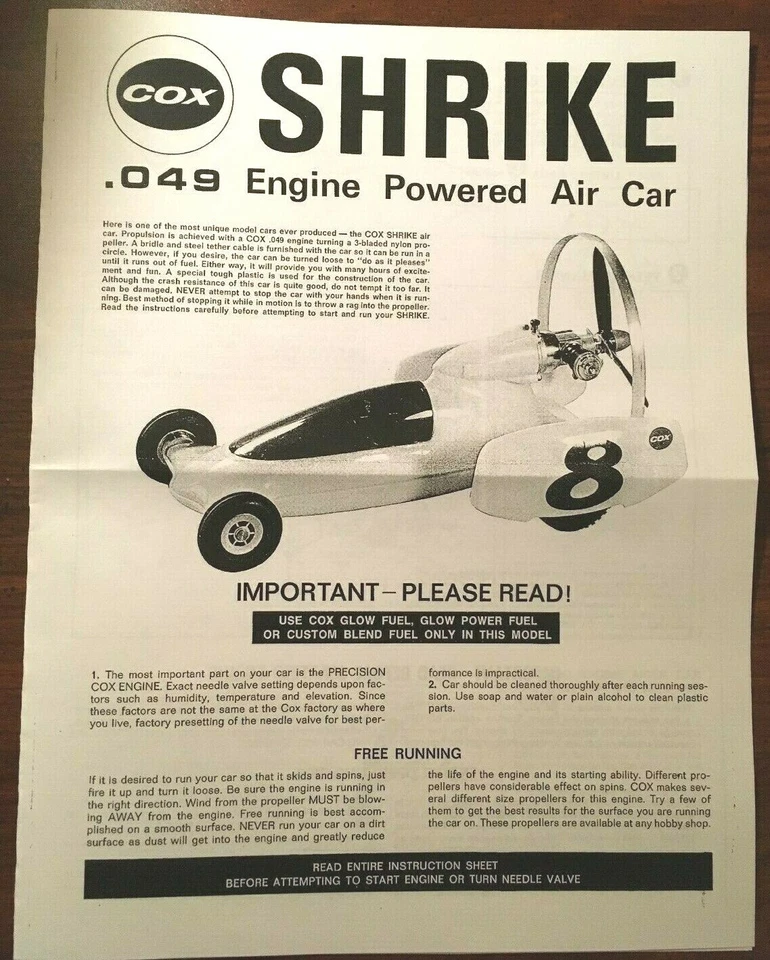 COX SHRIKE .049 ENGINE POWERED CAR OWNER'S MANUAL INSTRUCTIONS 049 - Image 1 of 1