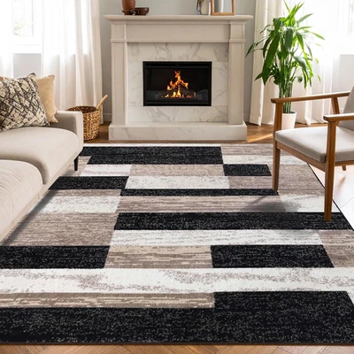 Indoor Area Rug, Jute Backed, Modern Geometric Patchwork Floor Decor for Bedroom - Image 1 of 4