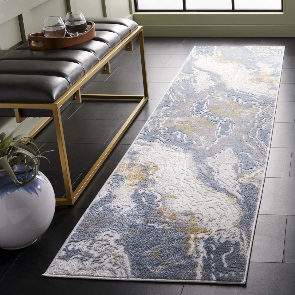 Beige & Blue 2'2"x9' Runner Rug High Traffic Geometric Design PAM348A-29 - Image 1 of 1
