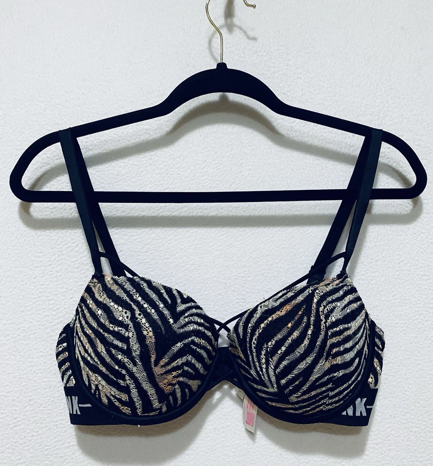 Sutiã feminino Victorias Secret rosa 34DD zebra data renda push up tiras romântico - Imagem 1 de 4