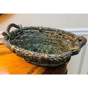 Boho olivgrün Korb Bambus geflochten extra groß oval mit Holzgriffen - Bild 1 von 7