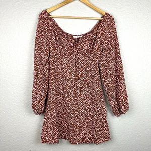 Lush Women's Brown Pink Floral Long Puff Sleeve Round Neck Mini Dress S - Picture 1 of 7