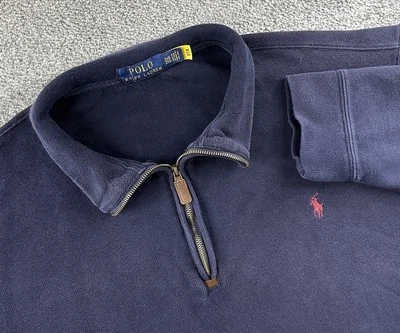 Suéter Polo Ralph Lauren Masculino 2XB Azul 1/4 Zíper Pulôver Azul Marinho Vermelho Pônei Algodão - Imagem 1 de 4