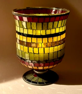 Stained Glass Mosaic Hurricane Candle Holder/Vase - Alternating Colors 6" x 4.5" - Picture 1 of 5