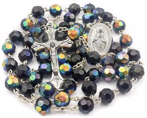 Dark Blue Rosary Beaded Necklace Crystallized Beads Miraculous Medal & Cross