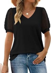 Womens Summer Tops V Neck T Shirts Swiss Dot Puff Sleeve Tops Loose Casual Tshir - Picture 1 of 12
