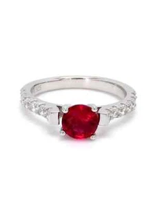 0.75 Ct Red Ruby & Lab Grown CVD American Diamonds Solitaire Ring 925 Silver - Picture 1 of 5