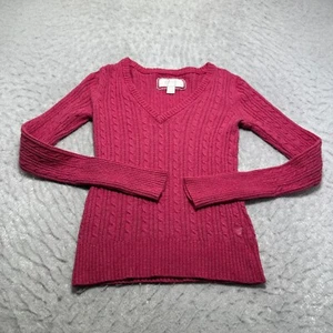 American Eagle Pink Cable Knit V Neck Sweater Youth Girls Slim Fit Size Medium M - Picture 1 of 11