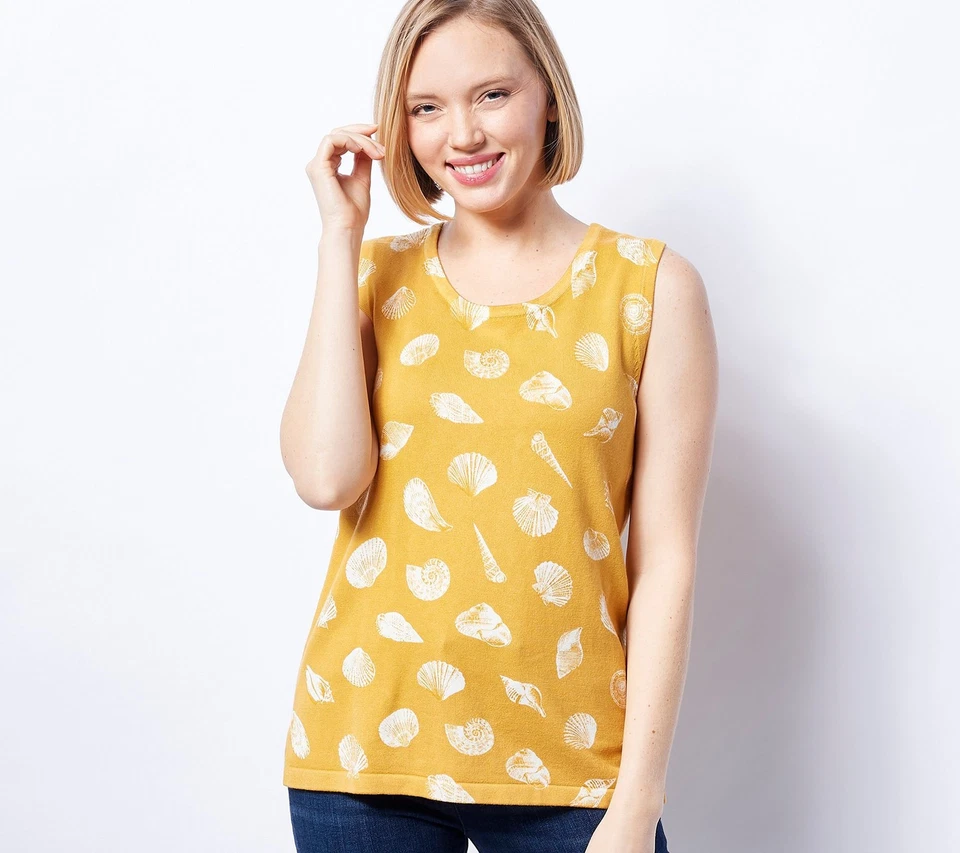 Isaac Mizrahi Live! Suéter sin mangas Bridgehampton estampado Shell Dijon XS Nuevo Foto 1 de 1