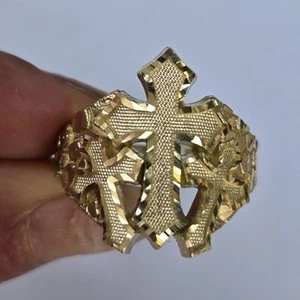 Big Solid 10k yellow Gold Nugget Triple Cross Ring Size 8 9 10 11 12 - Picture 1 of 15