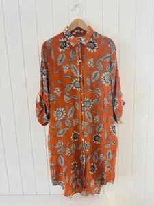 Trenery Silk Shirt Dress Size 14 Orange White Floral 3/4 Tie Up Sleeve Pockets - Picture 1 of 16