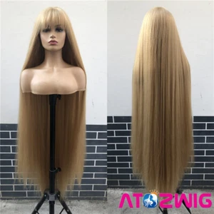 48 inch Long Kinky Straight Ash Blonde Wig with Full Bangs Fashion Party Wigs  - Picture 1 of 10