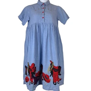 Vestido Vintage Talla Mediana Azul Algodón Western Adornado Dobladillo Encuentros Oportunos - Imagen 1 de 5